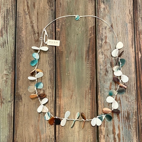 RUSH NWT By Denis & Charles Long Necklace Beachy Plastic Beaded Blues Browns - Picture 1 of 4